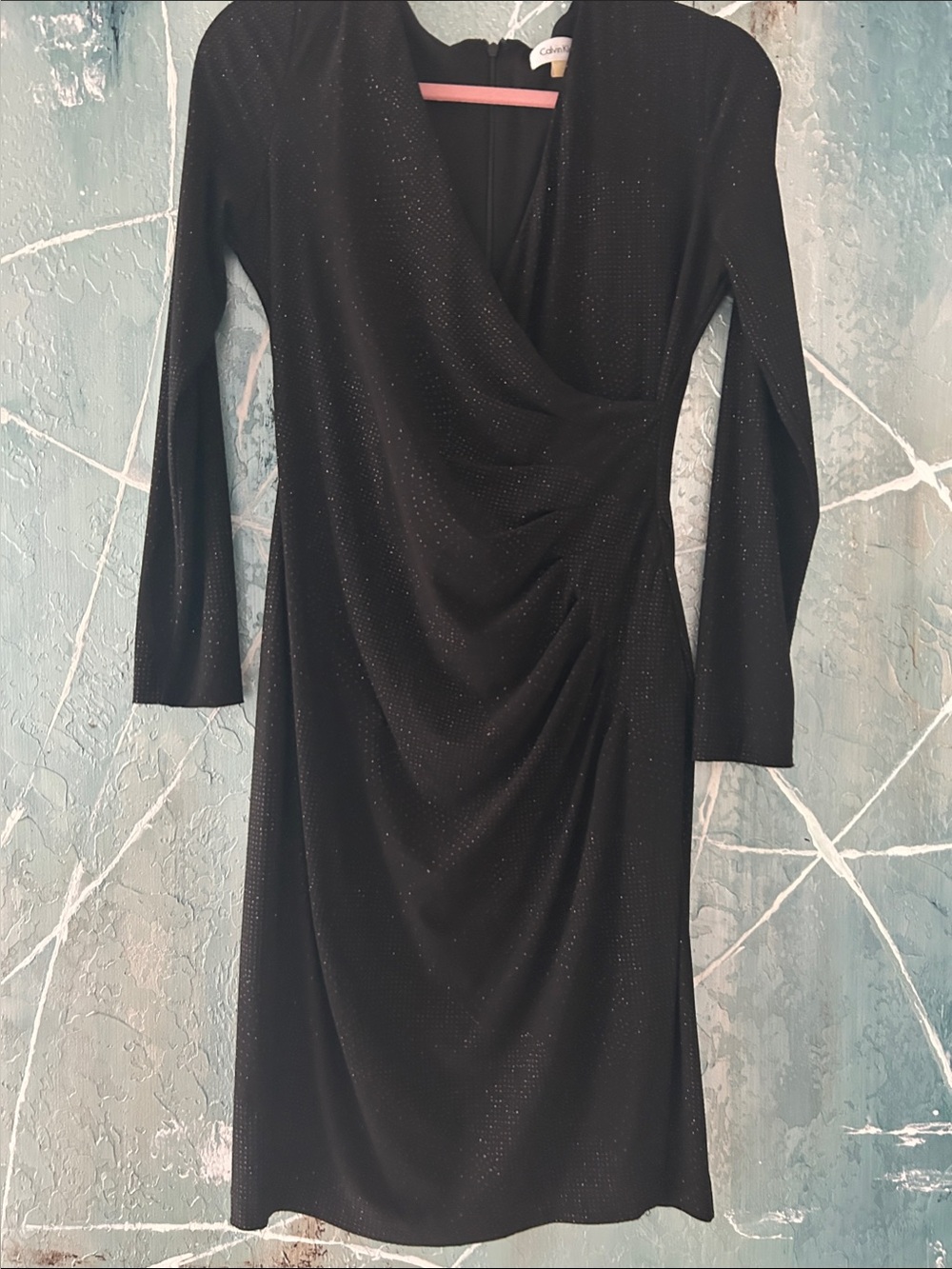 Calvin Klein Black Sparkle Long-Sleeve Ruched Wrap Dress